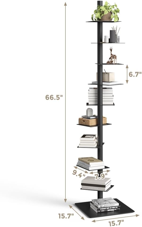 Nidouillet 9-Tier Metal Spine Bookshelf, Adjustable Vertical Tower for Books, Tall & Narrow Ladder Bookcase, Space-Saving Multipurpose Corner Storage Shelf, Display Stand, Tool-Free Assembly, Black