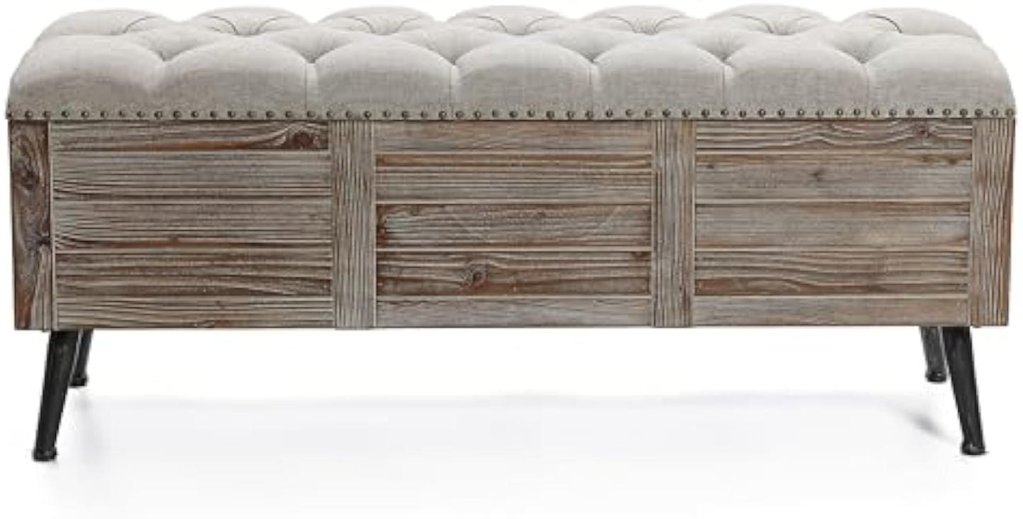 LuxenHome Storage Bench for Bedroom, 47" Wood Upholstered Bench with Storage and Seating, Luxury Beige and Brown Farmhouse End of Bed Bench, Storage Ottoman Bench for Living Room/Bedroom/Entryway