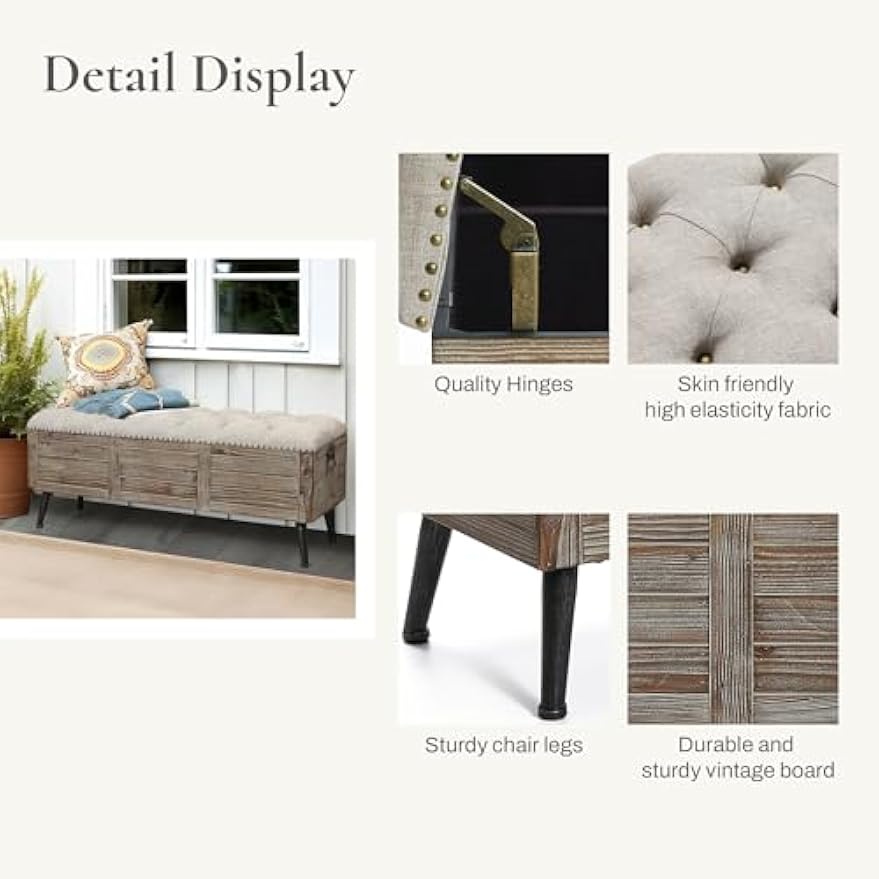 LuxenHome Storage Bench for Bedroom, 47" Wood Upholstered Bench with Storage and Seating, Luxury Beige and Brown Farmhouse End of Bed Bench, Storage Ottoman Bench for Living Room/Bedroom/Entryway