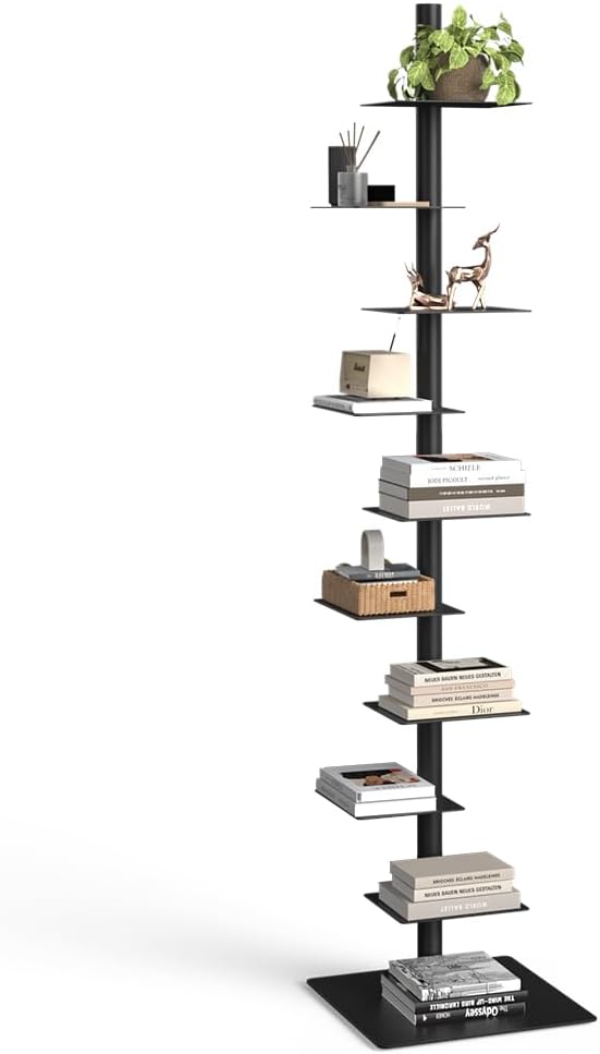 Nidouillet 9-Tier Metal Spine Bookshelf, Adjustable Vertical Tower for Books, Tall & Narrow Ladder Bookcase, Space-Saving Multipurpose Corner Storage Shelf, Display Stand, Tool-Free Assembly, Black