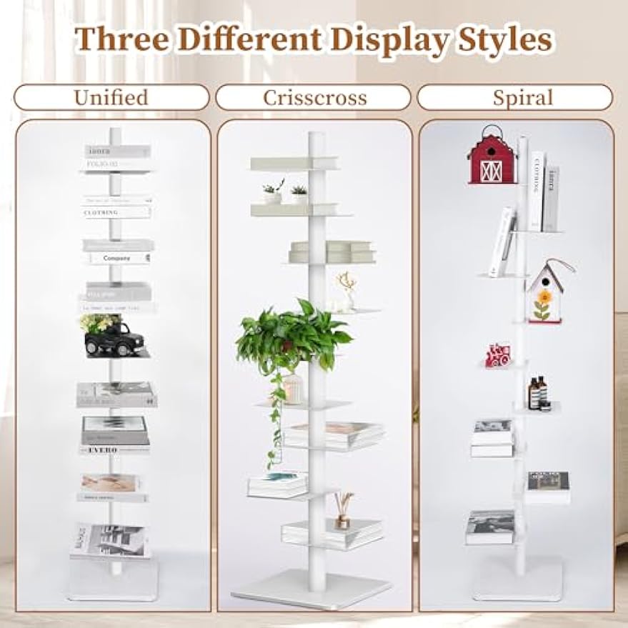 GENMOUS White 9 Tier Metal Vertical Bookshelf Tower, Freestanding Invisible Spine Bookshelf, Tall Ladder Bookcase Floating Shelf for Small Spaces, Modern Storage Corner Shelf for Living Room, Office
