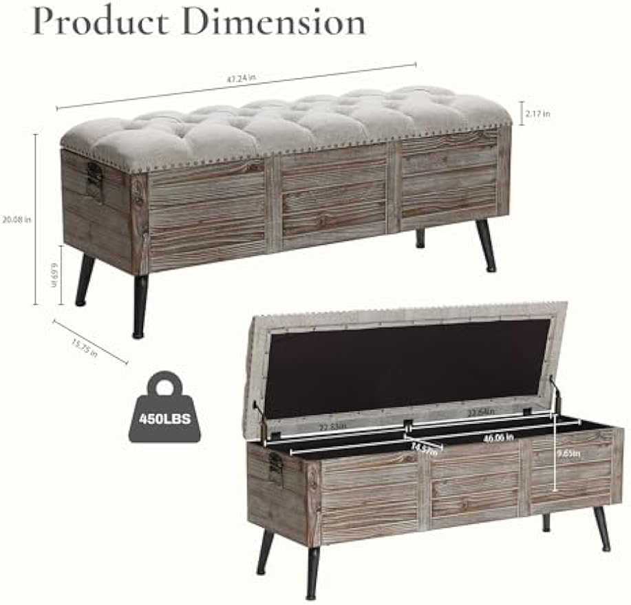 LuxenHome Storage Bench for Bedroom, 47" Wood Upholstered Bench with Storage and Seating, Luxury Beige and Brown Farmhouse End of Bed Bench, Storage Ottoman Bench for Living Room/Bedroom/Entryway