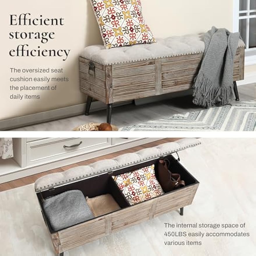 LuxenHome Storage Bench for Bedroom, 47" Wood Upholstered Bench with Storage and Seating, Luxury Beige and Brown Farmhouse End of Bed Bench, Storage Ottoman Bench for Living Room/Bedroom/Entryway