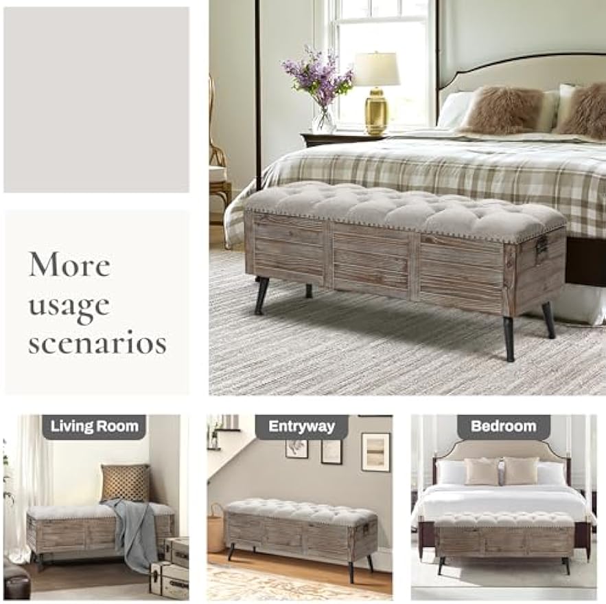 LuxenHome Storage Bench for Bedroom, 47" Wood Upholstered Bench with Storage and Seating, Luxury Beige and Brown Farmhouse End of Bed Bench, Storage Ottoman Bench for Living Room/Bedroom/Entryway