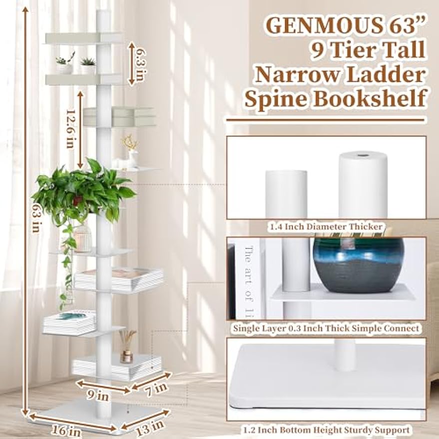 GENMOUS White 9 Tier Metal Vertical Bookshelf Tower, Freestanding Invisible Spine Bookshelf, Tall Ladder Bookcase Floating Shelf for Small Spaces, Modern Storage Corner Shelf for Living Room, Office