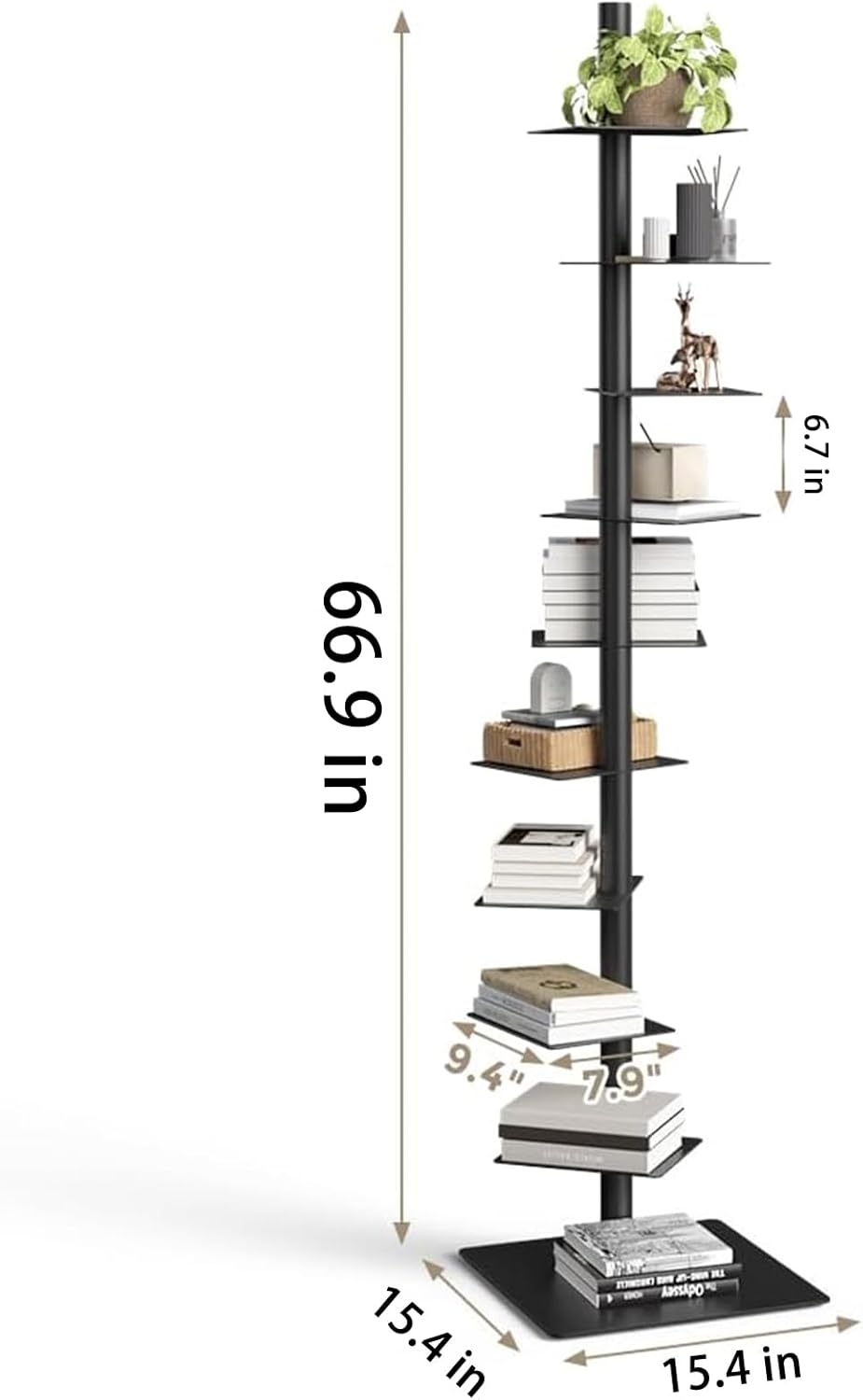 9 Tier Metal Spine Bookshelf Tower, Adjustable Vertical Tower for Books, Vertical Spine Book Tower, Tall Open Shelf 360 Display Storage Organizer for Study Room,Living Room,Office,Bedroom(Black)