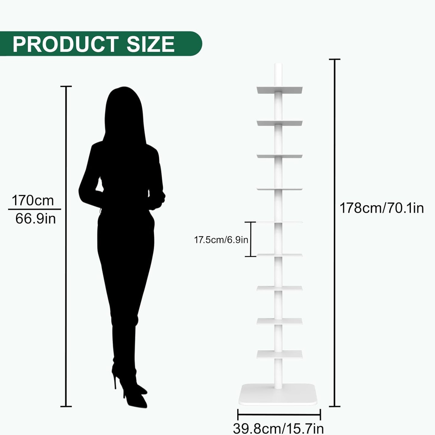 9-Tier Metal Rotating Spine Bookshelf, Ladder Bookcase, Adjustable Tall Narrow Vertical Book Tower for Small Spaces, Multipurpose Corner Storage Shelf for Living Room, Office, Bedroom