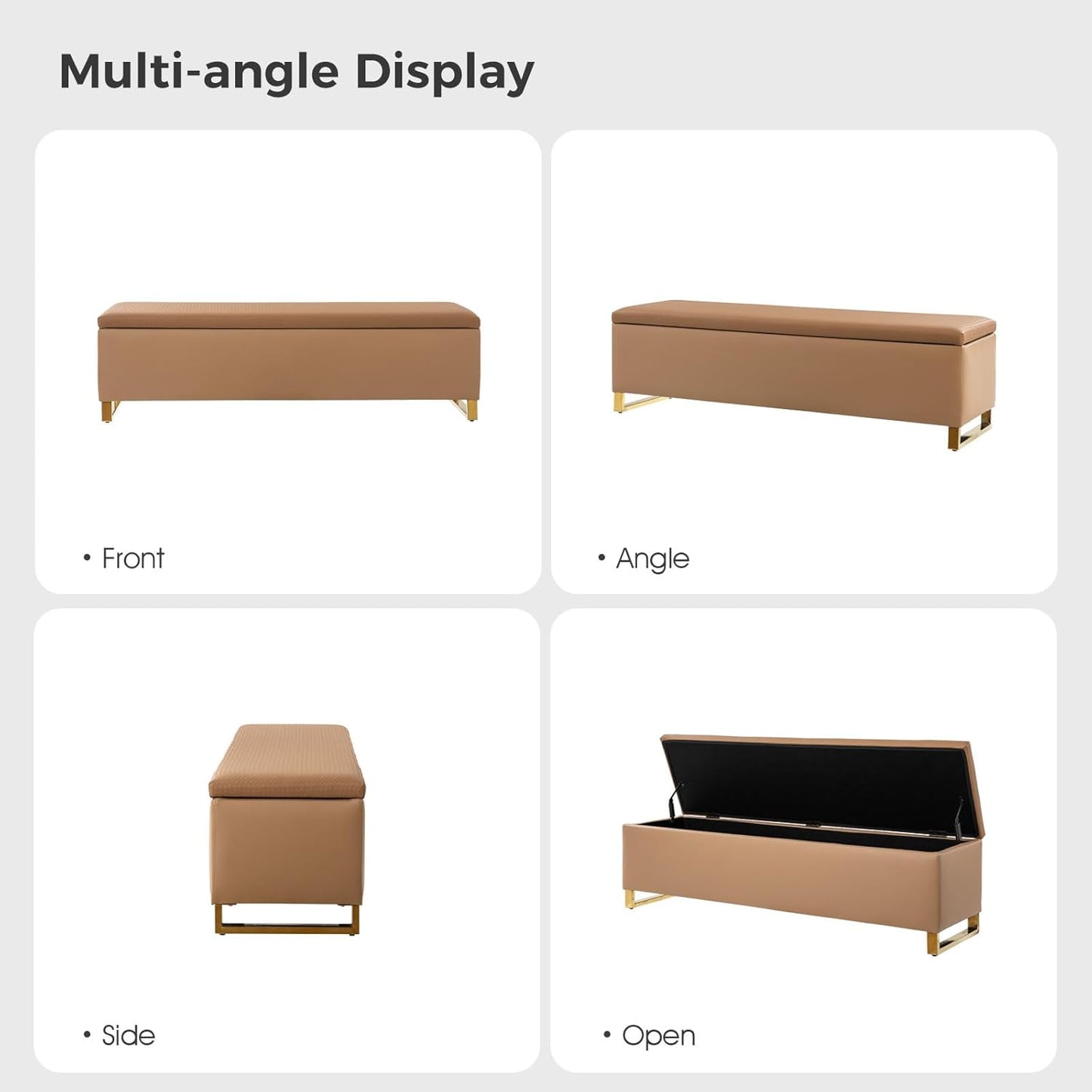 Storage Ottoman Bench with Throw Ottomans, Modern End of Bed Bench, Upholstered Footrest Stool with Gold Legs for Living, Bedroom, Entryway and Hallway(Camel 60inch)