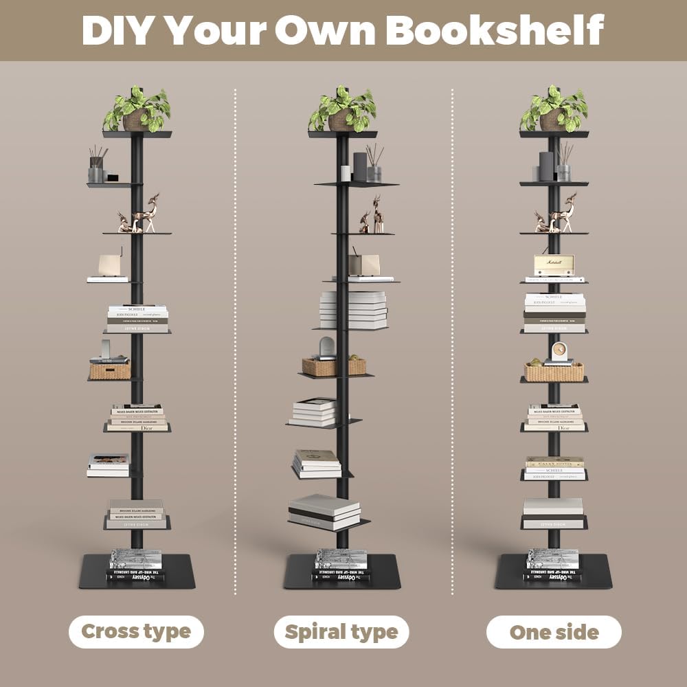 Nidouillet 9-Tier Metal Spine Bookshelf, Adjustable Vertical Tower for Books, Tall & Narrow Ladder Bookcase, Space-Saving Multipurpose Corner Storage Shelf, Display Stand, Tool-Free Assembly, Black