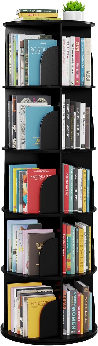 SpaceAid 4 Tier Rotating Bookshelf Tower, Spinning Bookcase Lazy Susan, Revolving 360 Book Shelf Storage Round Carousel, Vertical Rotate Turning Spiral Corner Organizer, White