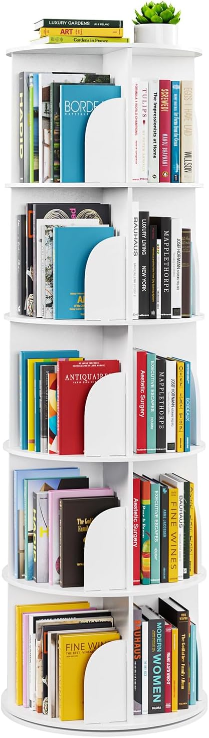 SpaceAid 4 Tier Rotating Bookshelf Tower, Spinning Bookcase Lazy Susan, Revolving 360 Book Shelf Storage Round Carousel, Vertical Rotate Turning Spiral Corner Organizer, White