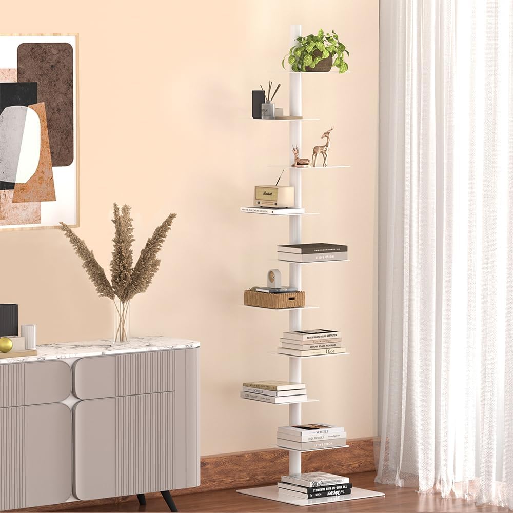 Nidouillet 9-Tier Metal Spine Bookshelf, Adjustable Vertical Tower for Books, Tall & Narrow Ladder Bookcase, Space-Saving Multipurpose Corner Storage Shelf, Display Stand, Tool-Free Assembly, Black
