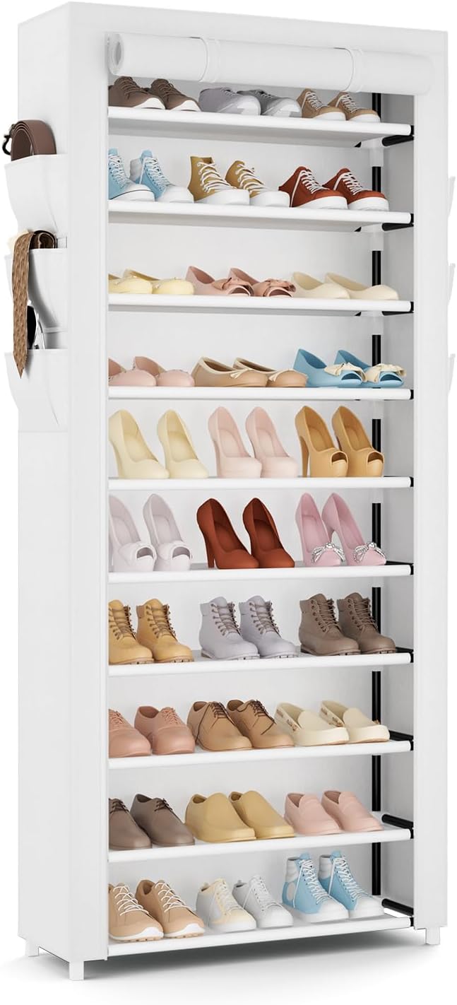 VTRIN Vertical Narrow Shoe Rack Organizer Tall Shoe Rack for Closet Entryway 10 Tier Non-Woven Cover Shoe Shelf Holds 20-22 Pairs Free Standing Shoe Storage Cabinet with Dustproof Cover, Black