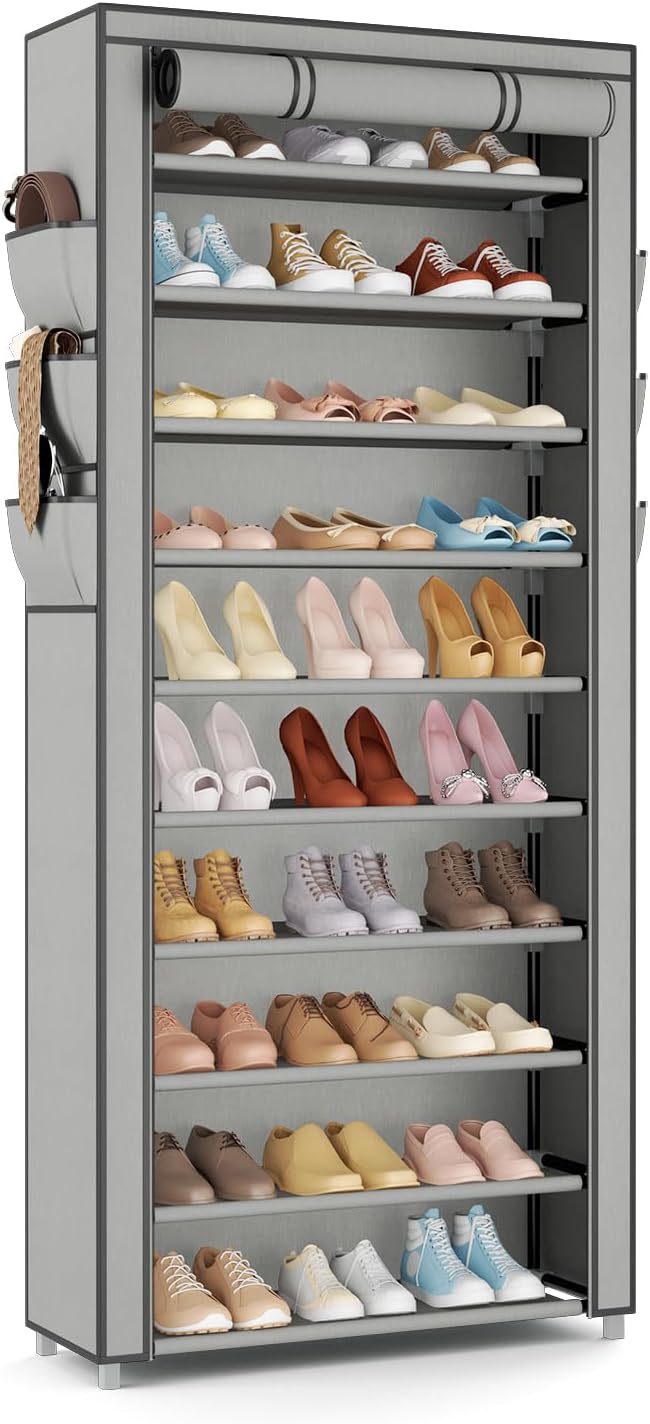 VTRIN Vertical Narrow Shoe Rack Organizer Tall Shoe Rack for Closet Entryway 10 Tier Non-Woven Cover Shoe Shelf Holds 20-22 Pairs Free Standing Shoe Storage Cabinet with Dustproof Cover, Black