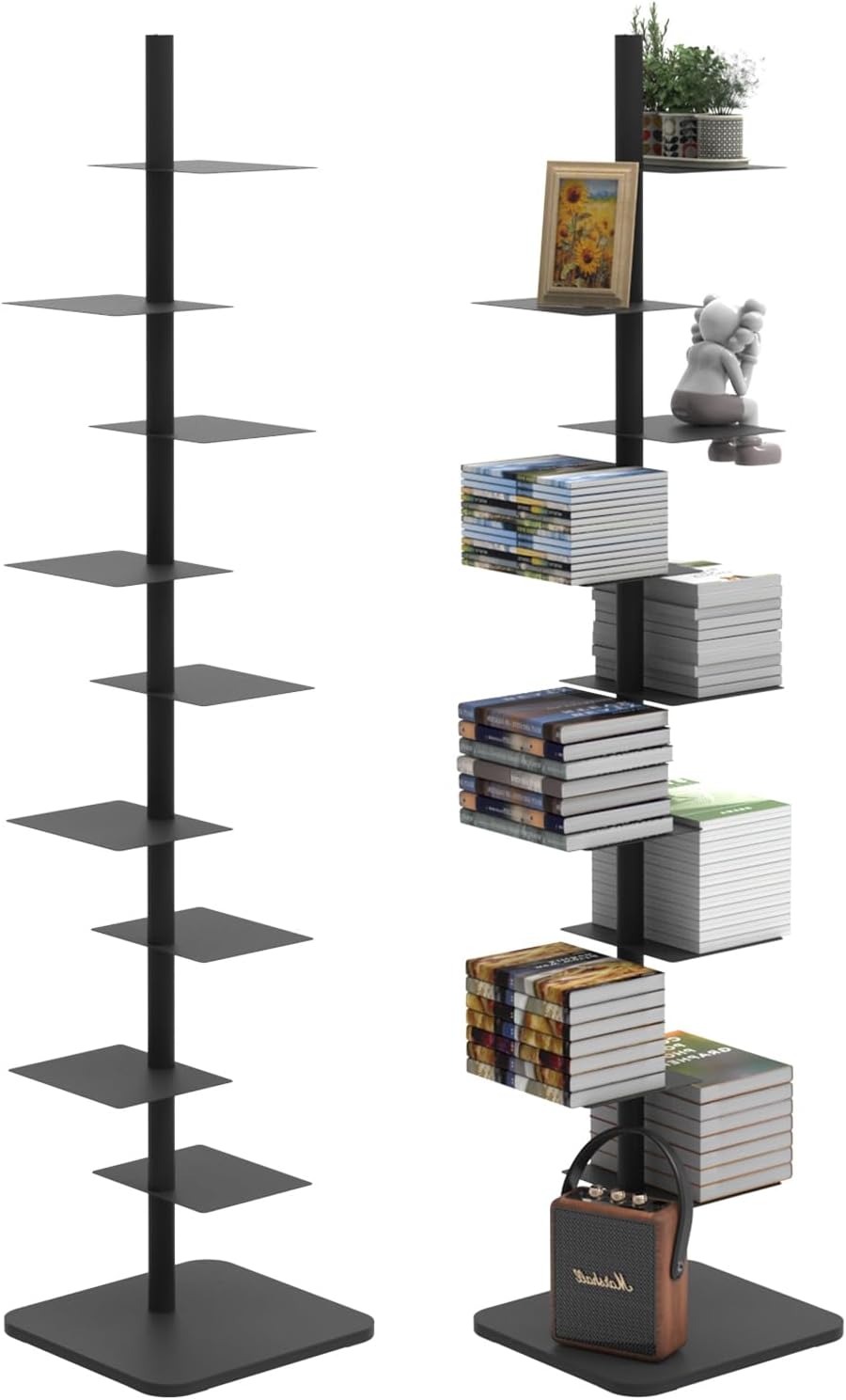 Choowin 9 Tier Metal Bookshelf Vertical Spine Bookshelf White Bookcase - Adjustable Tall Narrow Book Shelf Book Tower for Bedroom Living Room Office Home Décor