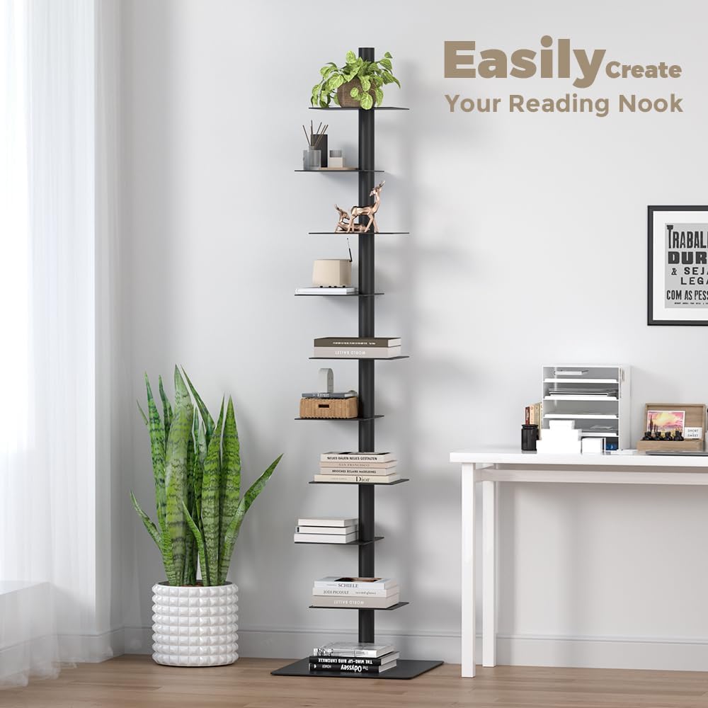 Nidouillet 9-Tier Metal Spine Bookshelf, Adjustable Vertical Tower for Books, Tall & Narrow Ladder Bookcase, Space-Saving Multipurpose Corner Storage Shelf, Display Stand, Tool-Free Assembly, Black