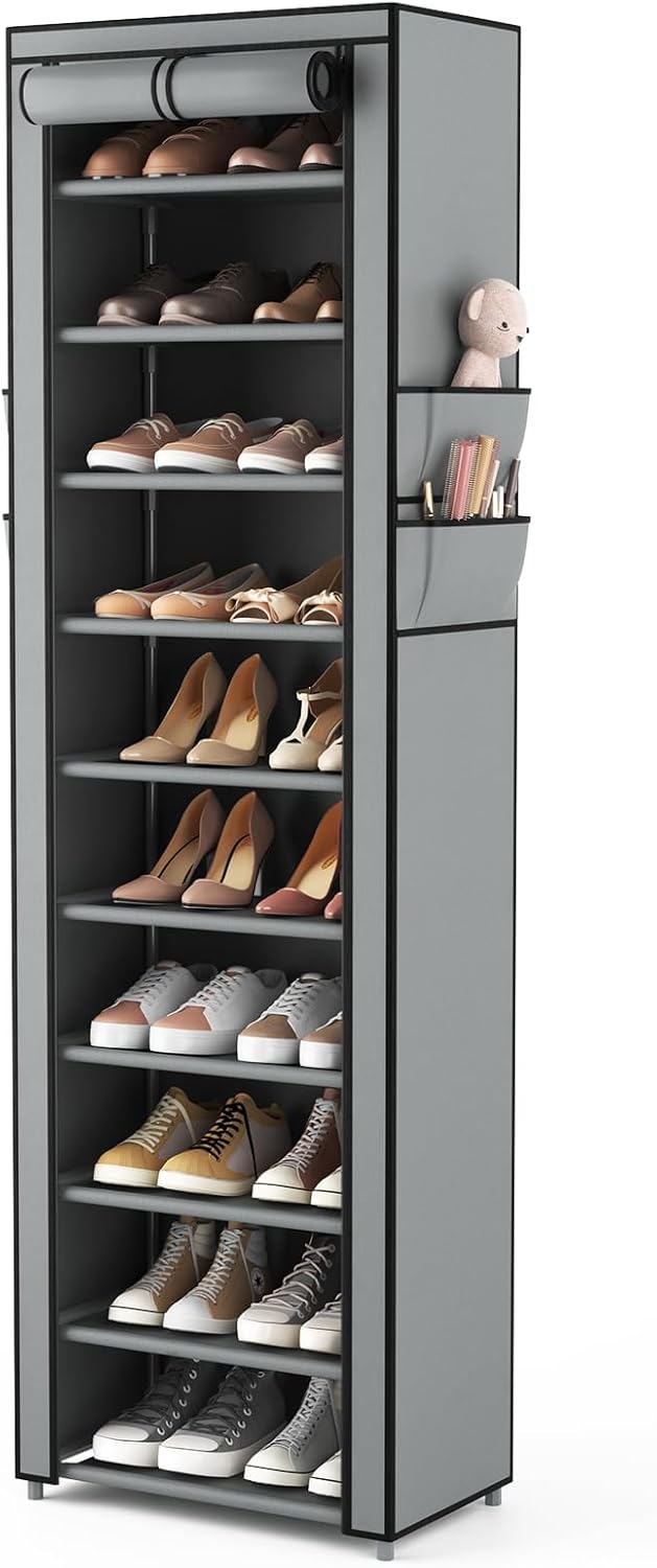 VTRIN Vertical Narrow Shoe Rack Organizer Tall Shoe Rack for Closet Entryway 10 Tier Non-Woven Cover Shoe Shelf Holds 20-22 Pairs Free Standing Shoe Storage Cabinet with Dustproof Cover, Black