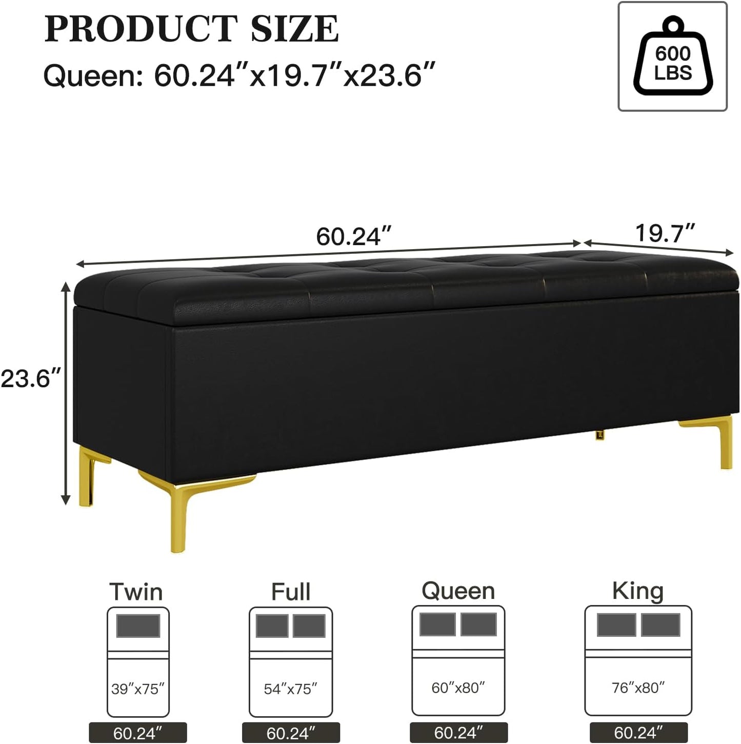 Storage Ottoman Bench 60.2 Inches, Upholstered End of Bed Bench with Large Storge and Seating, Long Ottoman with Safty Hinge for Entryway, Linving Room, Bedroom,Holds Up to 600 Lbs, Black