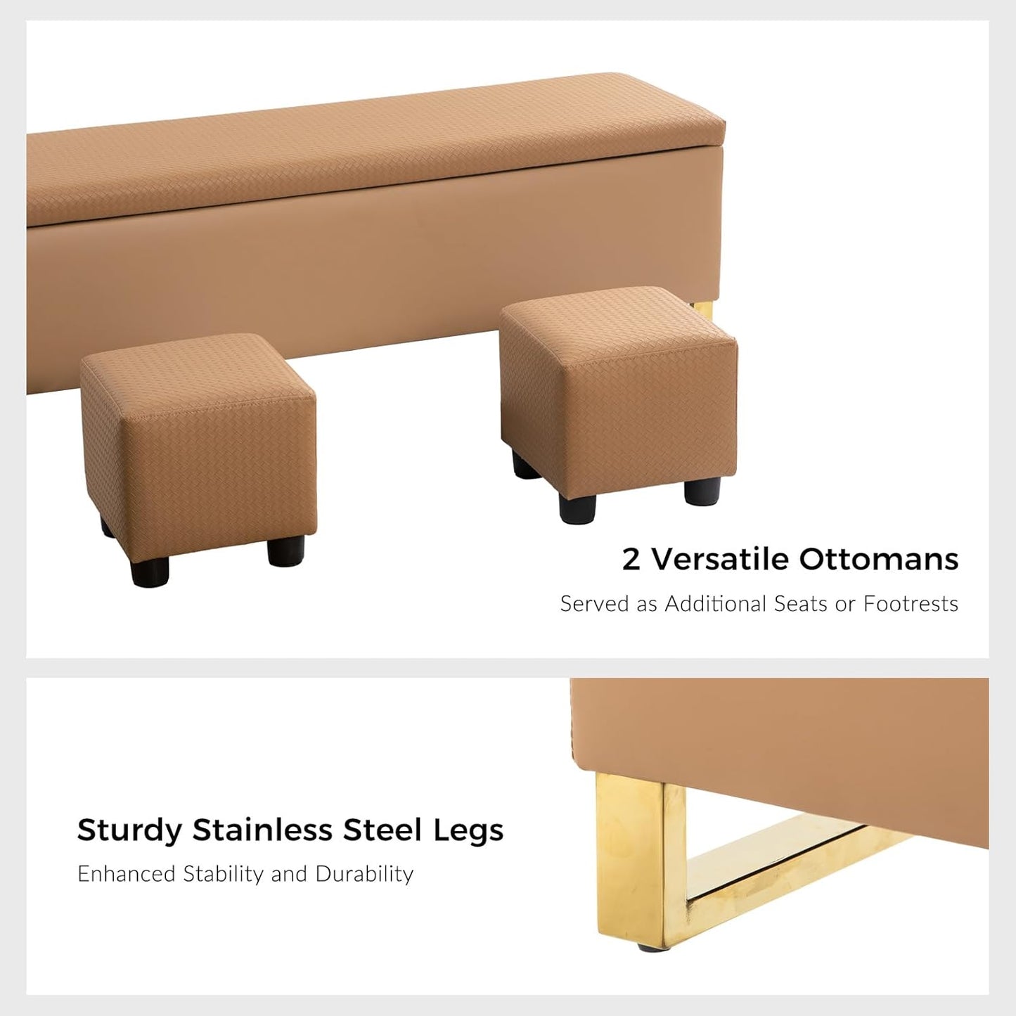Storage Ottoman Bench with Throw Ottomans, Modern End of Bed Bench, Upholstered Footrest Stool with Gold Legs for Living, Bedroom, Entryway and Hallway(Camel 60inch)