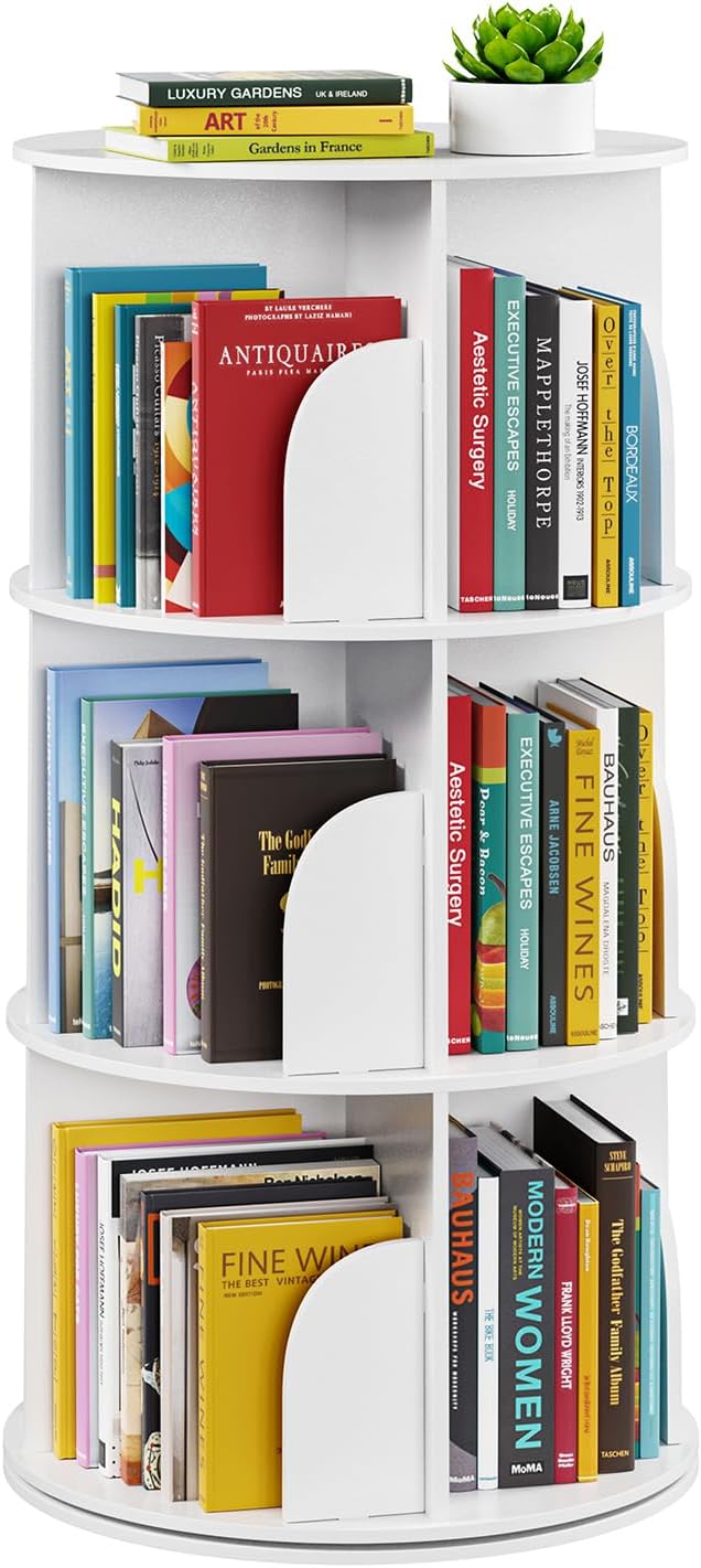 SpaceAid 4 Tier Rotating Bookshelf Tower, Spinning Bookcase Lazy Susan, Revolving 360 Book Shelf Storage Round Carousel, Vertical Rotate Turning Spiral Corner Organizer, White