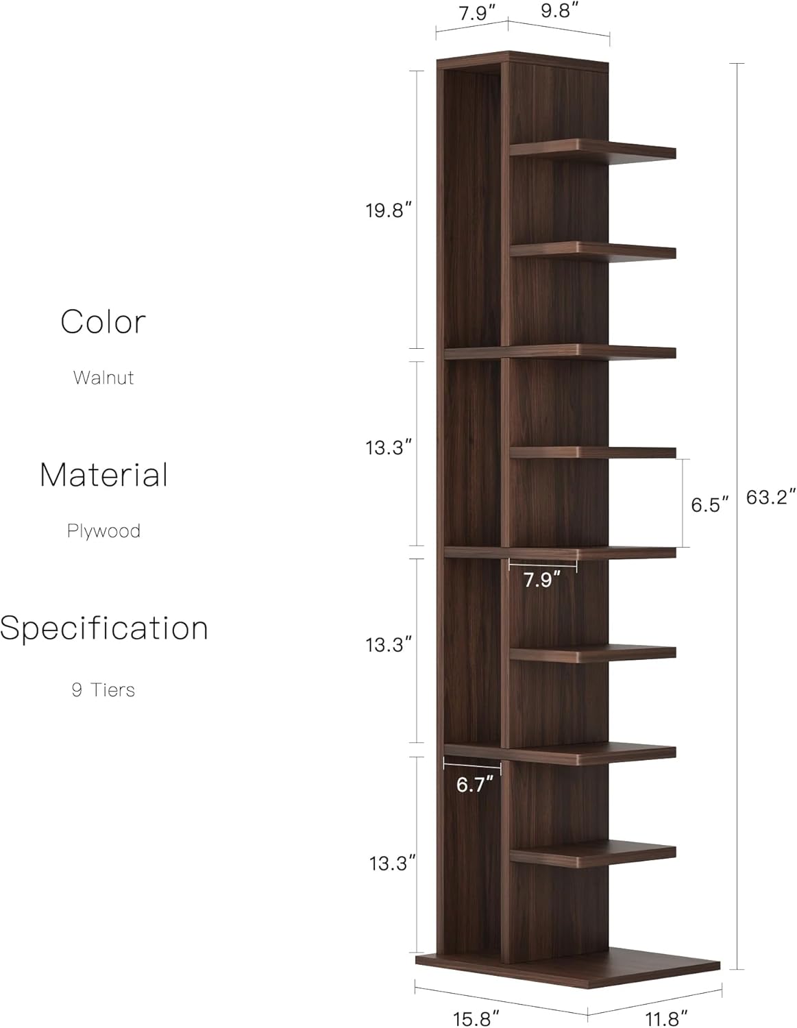 9-Piece Standing Ladder Bookshelf, Wood and Metal Bookcase, Rustic Brown (Walnut)