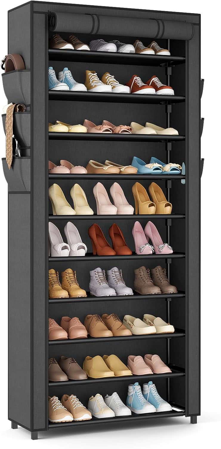VTRIN Vertical Narrow Shoe Rack Organizer Tall Shoe Rack for Closet Entryway 10 Tier Non-Woven Cover Shoe Shelf Holds 20-22 Pairs Free Standing Shoe Storage Cabinet with Dustproof Cover, Black