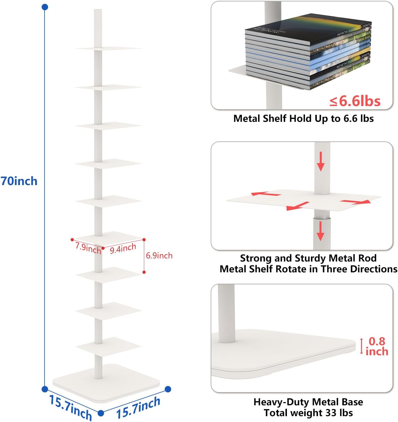 Choowin 9 Tier Metal Bookshelf Vertical Spine Bookshelf White Bookcase - Adjustable Tall Narrow Book Shelf Book Tower for Bedroom Living Room Office Home Décor