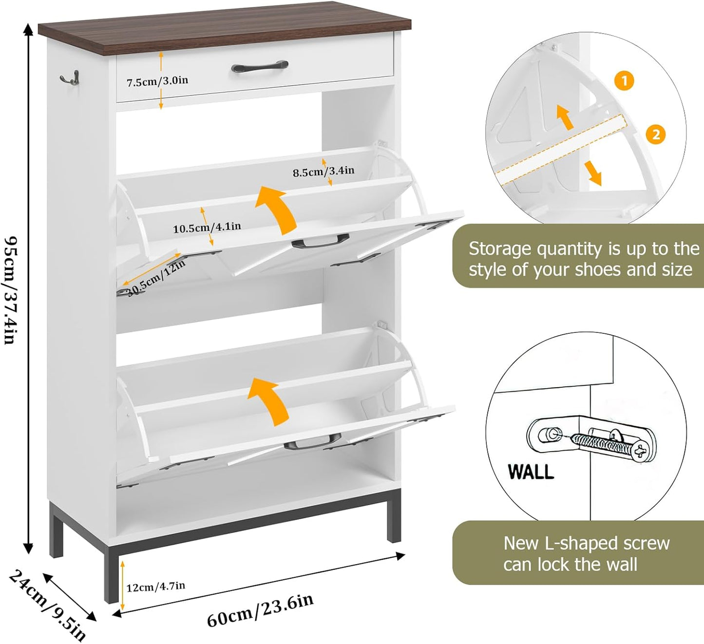 Shoe Storage Cabinet with 2 Flip Drawers, Narrow Shoe Cabinet for Entryway with 1 Top Drawer, Freestanding Hidden Shoe Rack Cabinet with Metal Legs for Foyer, Hallway (White)