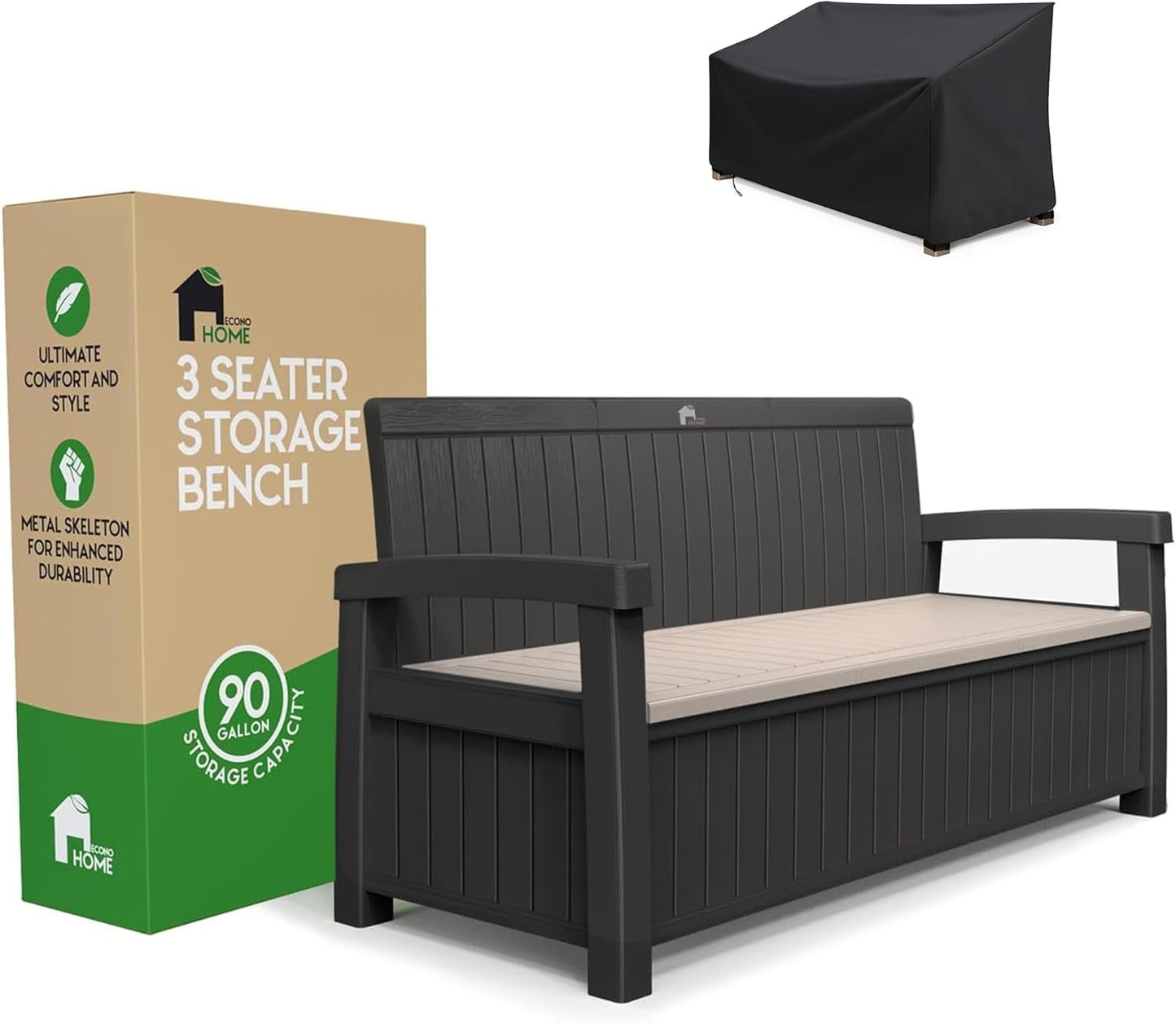 EconoHome 3 Seat Outdoor Storage Bench - 90 Gallon Capacity - Weatherproof Resin Bench for Patio, Porch, Garden, Yard, Pool Area - Furniture for Pool Accessories, Gardening Tools, Toys