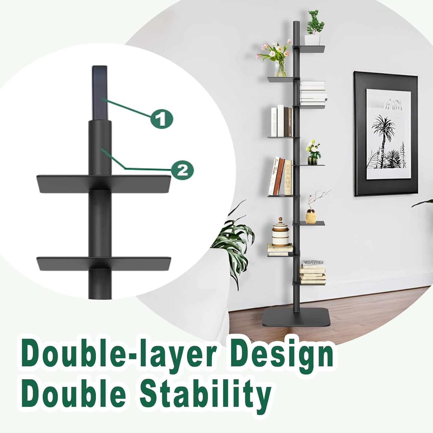 9 Tier Metal Spine Bookshelf Tower, Adjustable Vertical Spine Book Tower Floor, Metal Vertical Bookshelf for Study Room,Living Room,Office,Bedroom (Black)