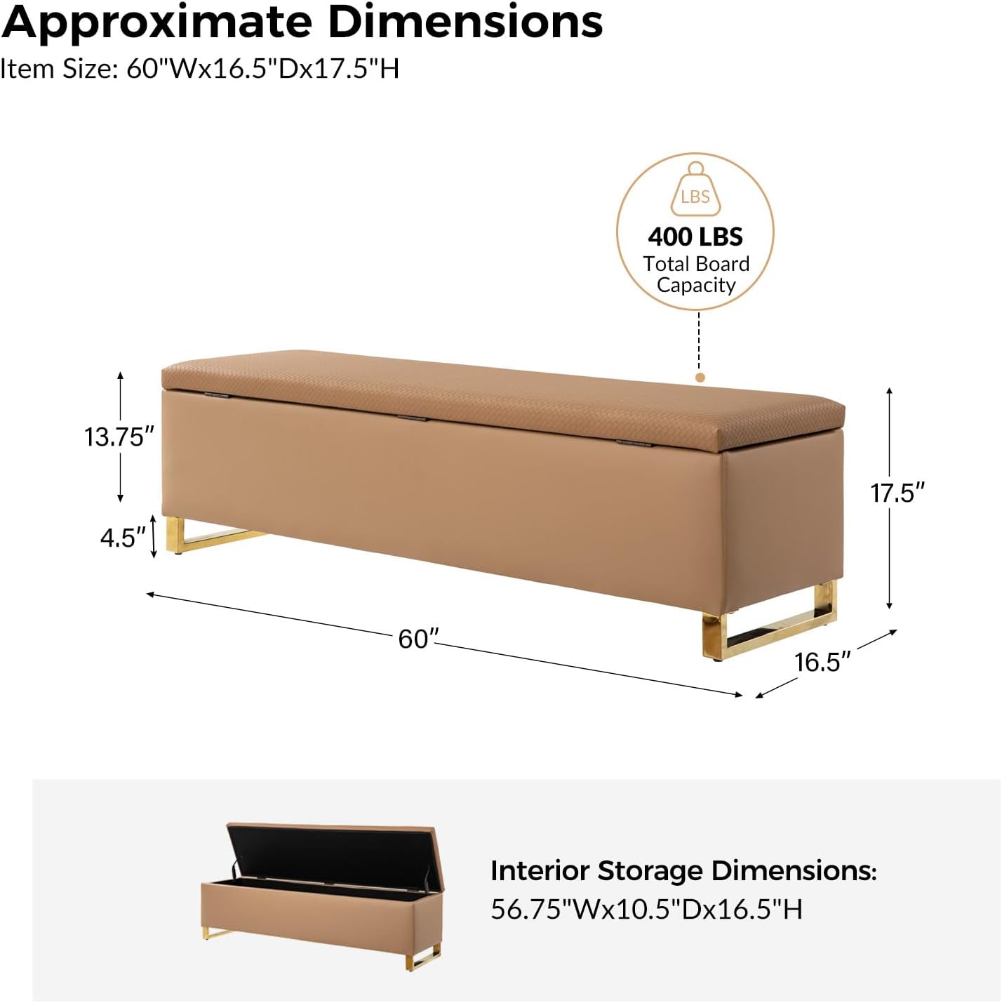Storage Ottoman Bench with Throw Ottomans, Modern End of Bed Bench, Upholstered Footrest Stool with Gold Legs for Living, Bedroom, Entryway and Hallway(Camel 60inch)