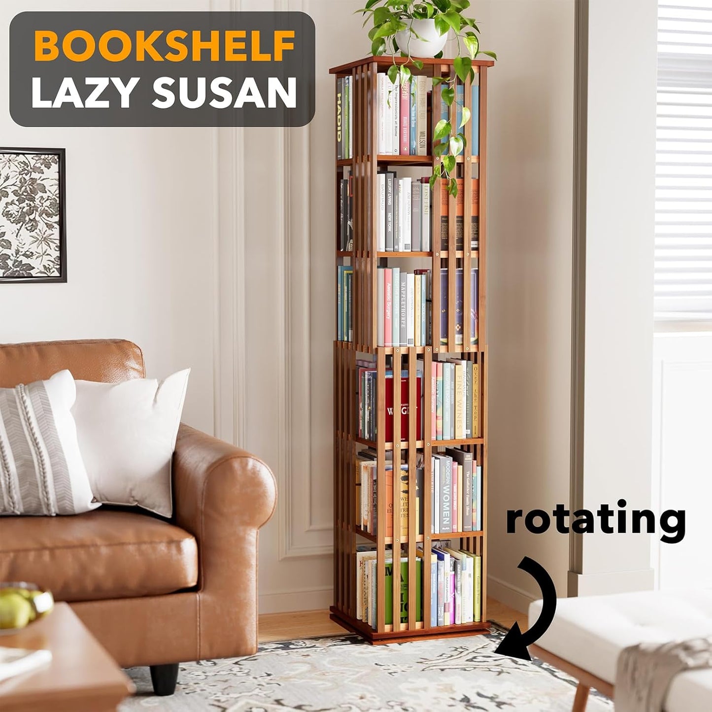 SpaceAid 6 Tier Rotating Bookshelf Tower, Bamboo Spinning Book Shelf, Revolving 360 Bookcase Storage Swivel Round Carousel, Vertical Rotate Turning Spiral Corner Organizer (6-Tier Walnut)