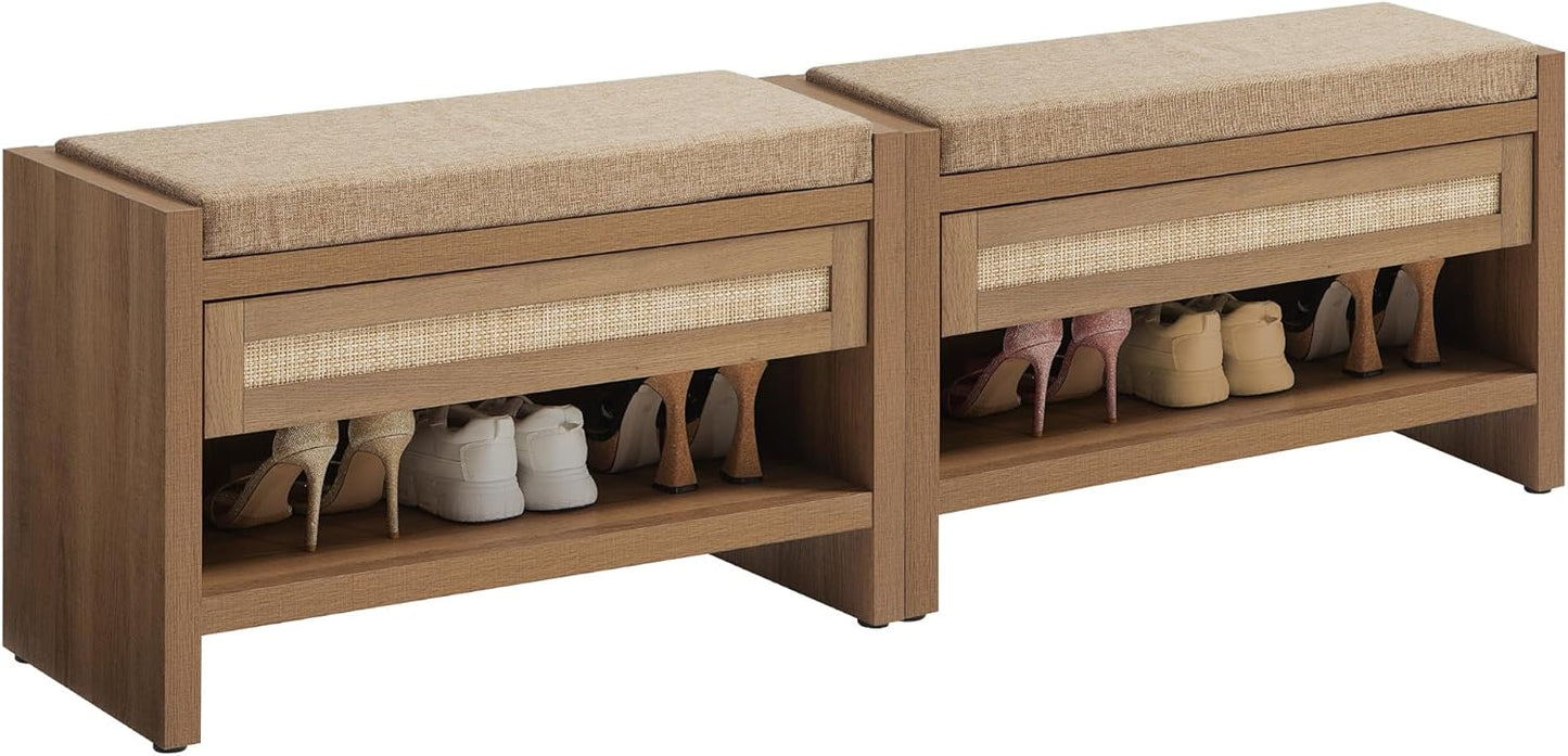 SICOTAS Rattan Shoe Bench Entryway Bench with Storage Drawer and Linen Seat Cushion, Farmhouse Boho Shoe Rack with Shelf, Wooden Storage Bench for Entryway Hallway and Bedroom, Light Oak, 2PCS