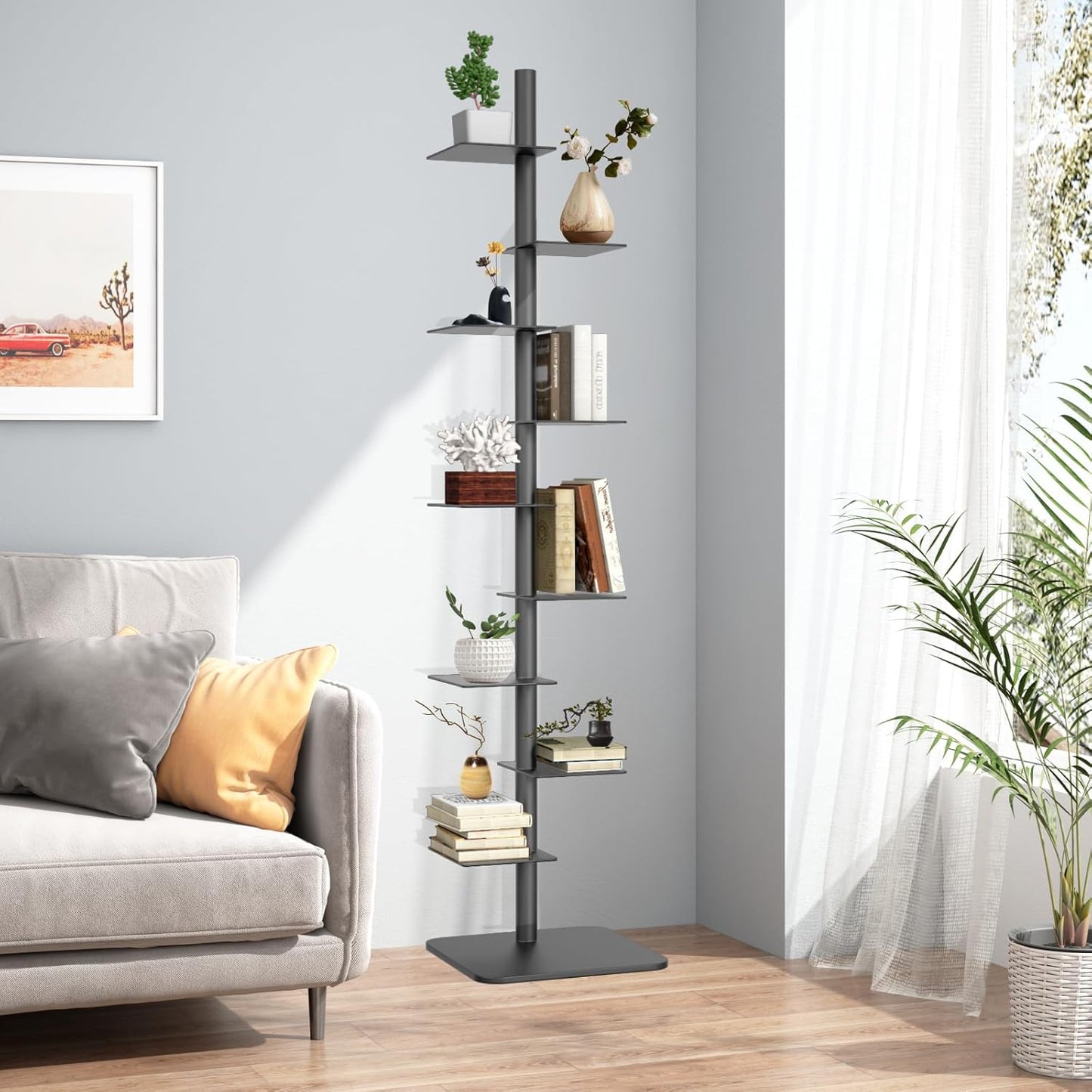9 Tier Metal Spine Bookshelf Tower, Adjustable Vertical Spine Book Tower Floor, Metal Vertical Bookshelf for Study Room,Living Room,Office,Bedroom (Black)