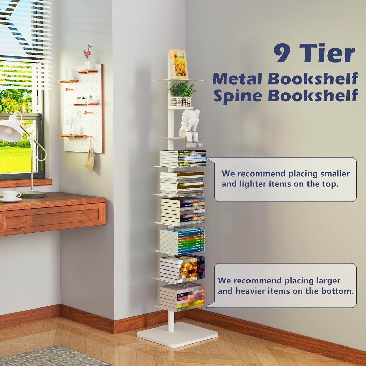 Choowin 9 Tier Metal Bookshelf Vertical Spine Bookshelf White Bookcase - Adjustable Tall Narrow Book Shelf Book Tower for Bedroom Living Room Office Home Décor