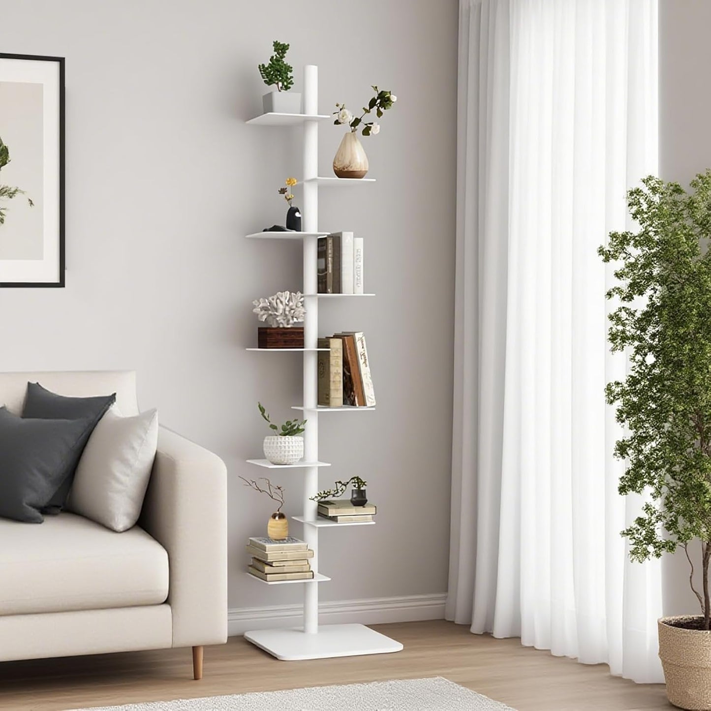 9-Tier Metal Rotating Spine Bookshelf, Ladder Bookcase, Adjustable Tall Narrow Vertical Book Tower for Small Spaces, Multipurpose Corner Storage Shelf for Living Room, Office, Bedroom