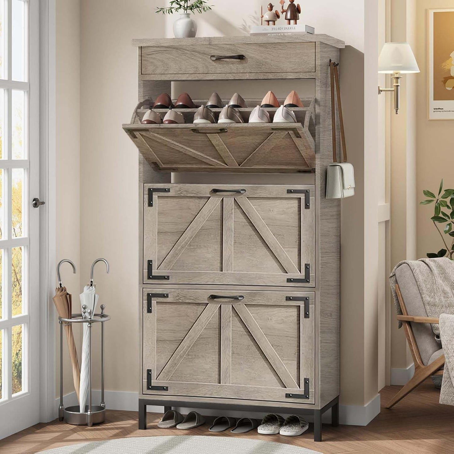 Shoe Storage Cabinet with 2 Flip Drawers, Narrow Shoe Cabinet for Entryway with 1 Top Drawer, Freestanding Hidden Shoe Rack Cabinet with Metal Legs for Foyer, Hallway (White)