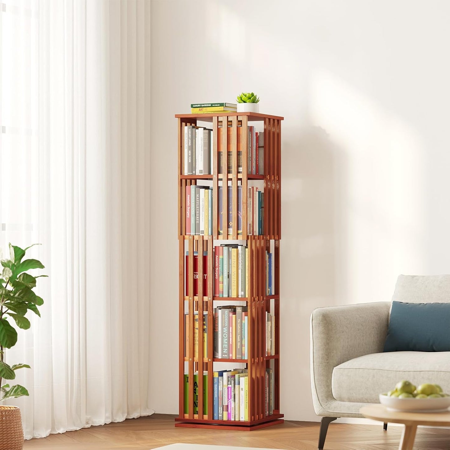 SpaceAid 6 Tier Rotating Bookshelf Tower, Bamboo Spinning Book Shelf, Revolving 360 Bookcase Storage Swivel Round Carousel, Vertical Rotate Turning Spiral Corner Organizer (6-Tier Walnut)