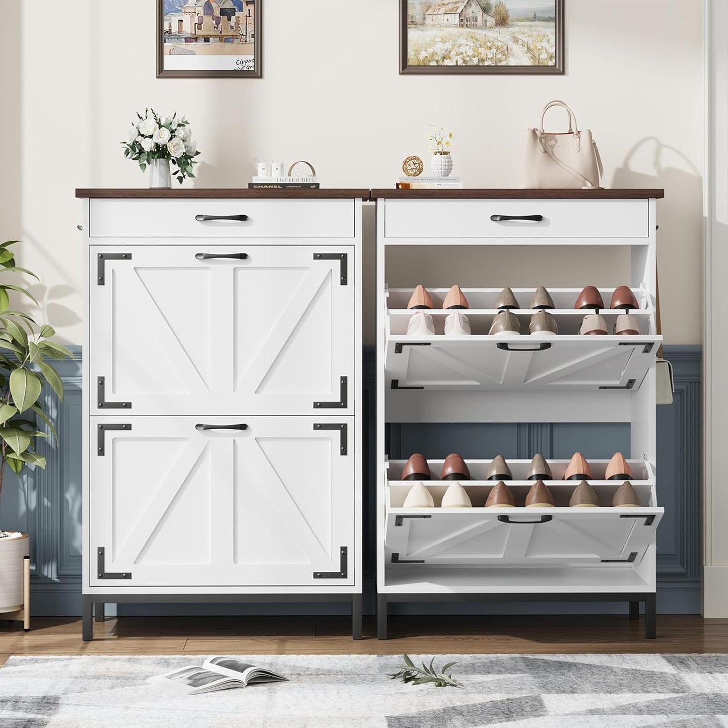 Shoe Storage Cabinet with 2 Flip Drawers, Narrow Shoe Cabinet for Entryway with 1 Top Drawer, Freestanding Hidden Shoe Rack Cabinet with Metal Legs for Foyer, Hallway (White)