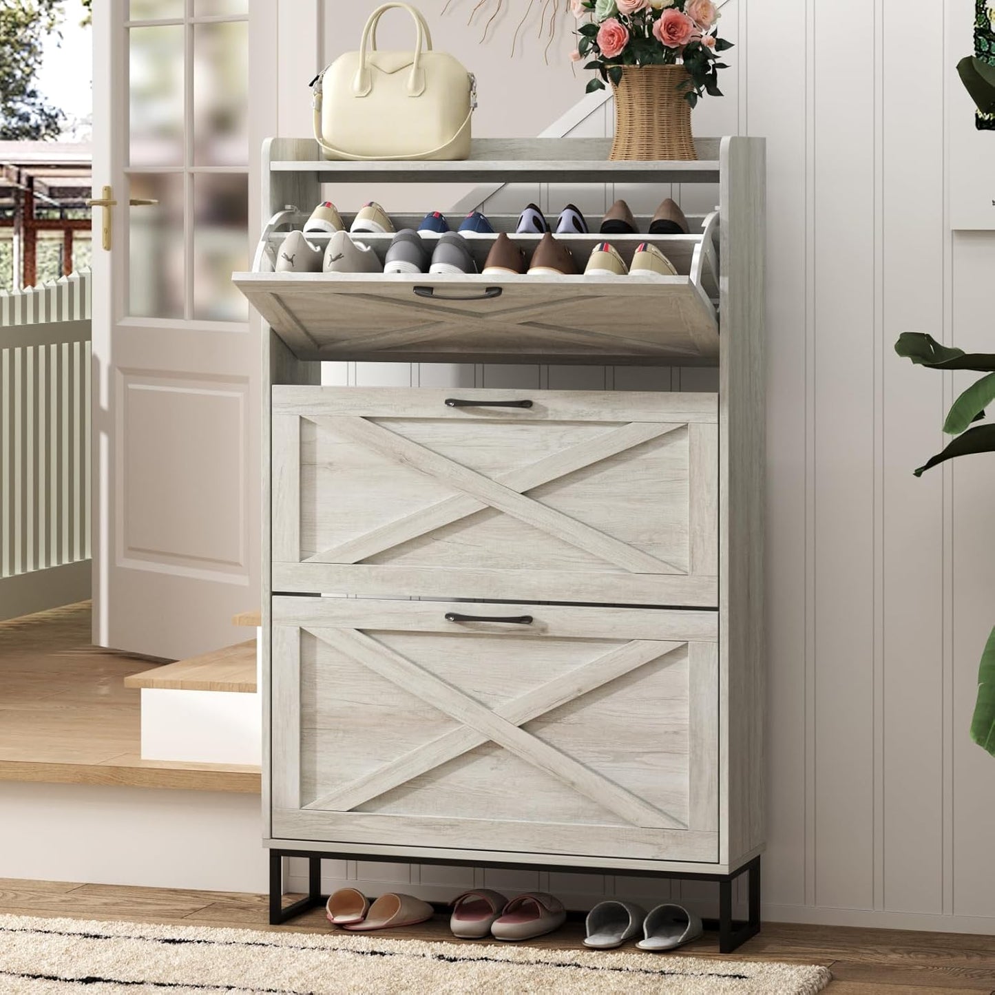 Maupvit Shoe Storage Cabinet with 2 Flip Drawers, Freestanding Organizer with Metal Legs for Entryway, Narrow Shoe Rack Cabinet, Dark Walnut
