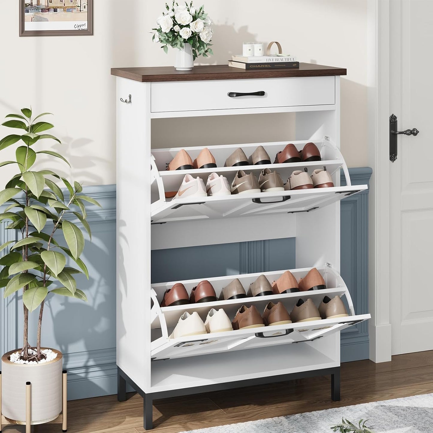 Shoe Storage Cabinet with 2 Flip Drawers, Narrow Shoe Cabinet for Entryway with 1 Top Drawer, Freestanding Hidden Shoe Rack Cabinet with Metal Legs for Foyer, Hallway (White)