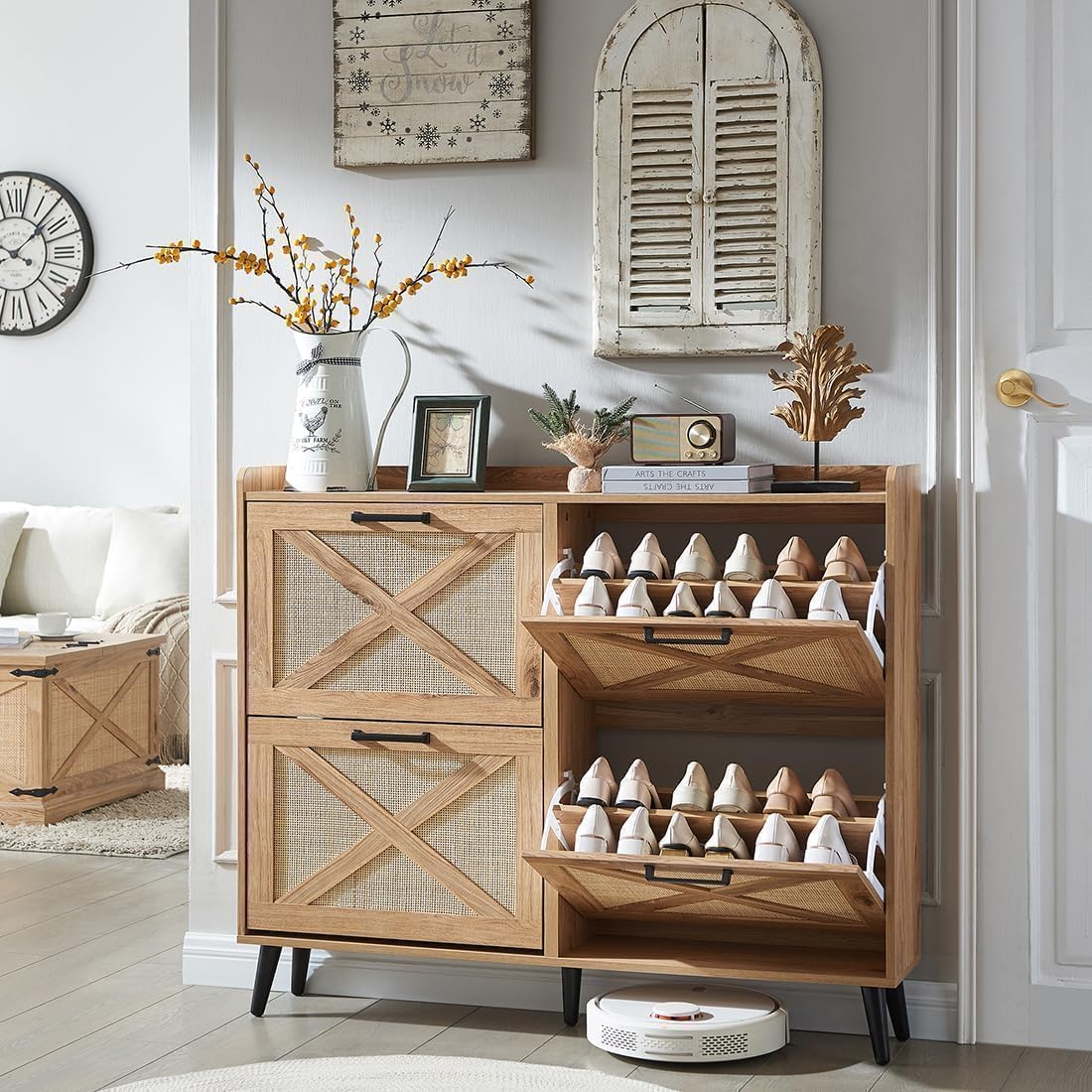 Shoe Storage Cabinet,Farmhouse Shoe Organizer with 2 Flip Drawers & Barn Door Design,Freestanding Hidden Slim Narrow Shoe Rack Cabinet for Entryway,Foyer,Hallway,Walnut