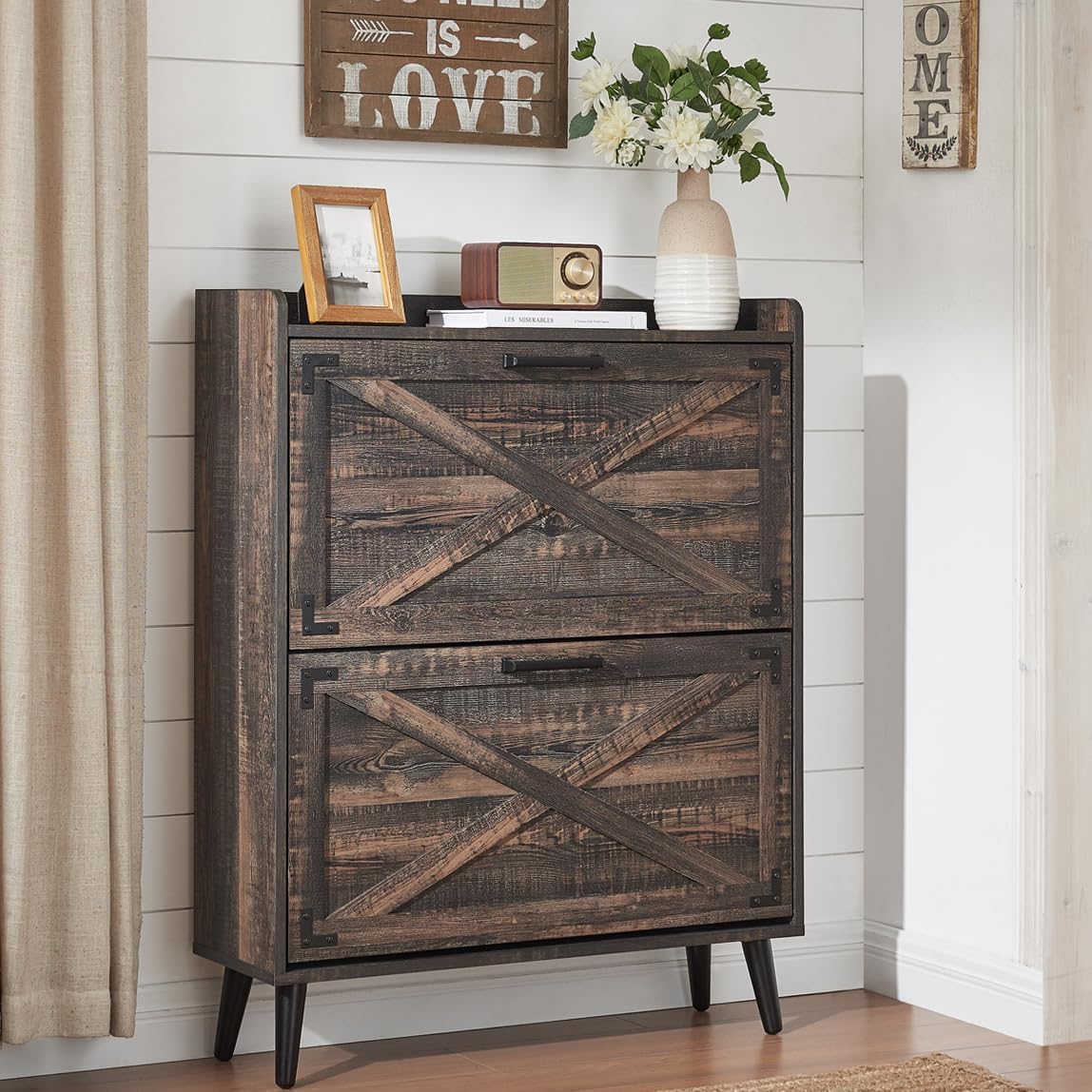 Shoe Storage Cabinet,Farmhouse Shoe Organizer with 2 Flip Drawers & Barn Door Design,Freestanding Hidden Slim Narrow Shoe Rack Cabinet for Entryway,Foyer,Hallway,Walnut