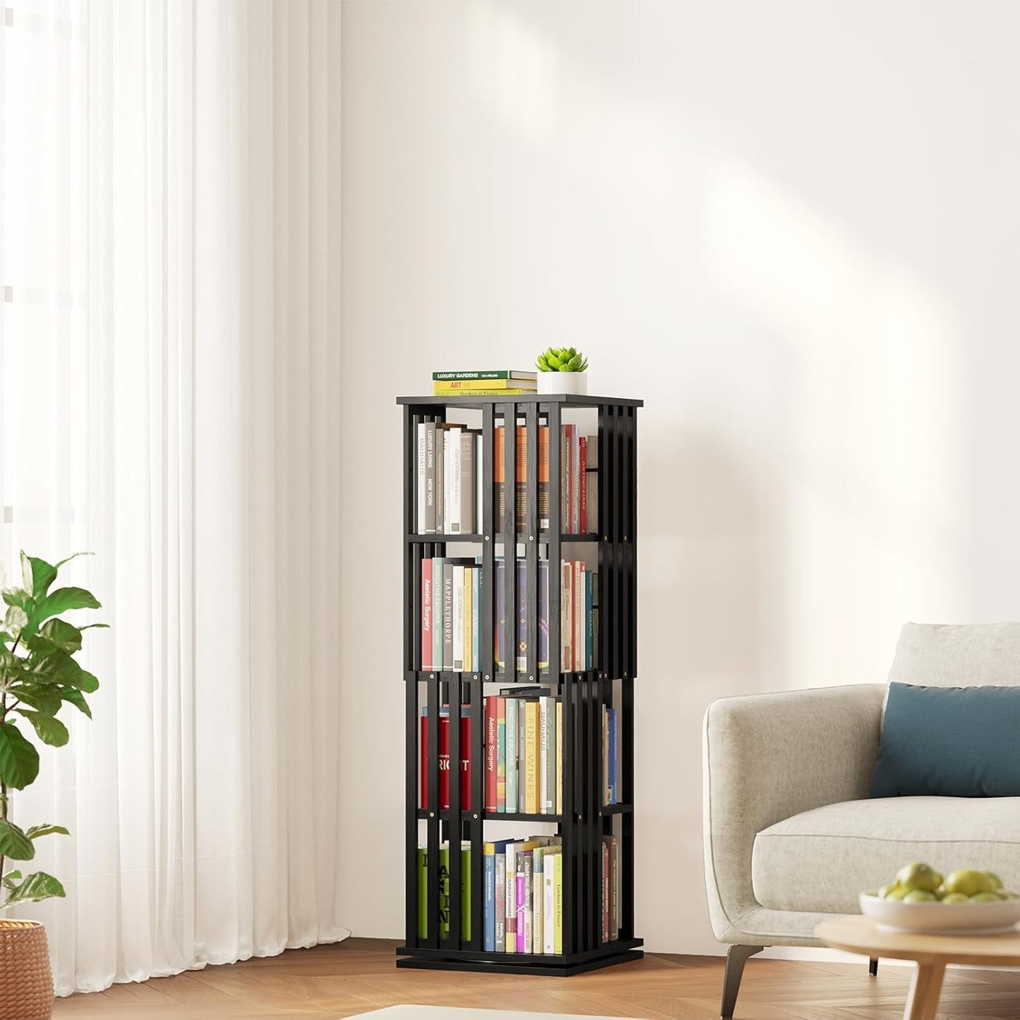 SpaceAid 6 Tier Rotating Bookshelf Tower, Bamboo Spinning Book Shelf, Revolving 360 Bookcase Storage Swivel Round Carousel, Vertical Rotate Turning Spiral Corner Organizer (6-Tier Walnut)