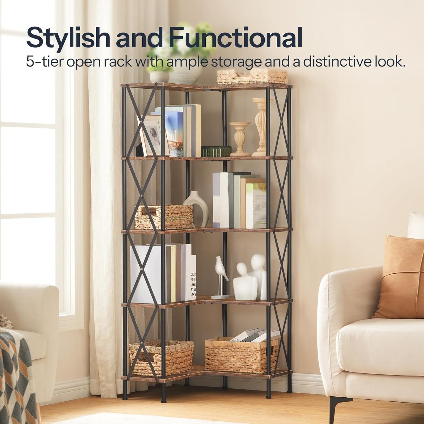 HOOBRO Corner Bookshelf, 5-Tier L-Shaped Bookcase, Industrial Open Display Shelf Tall Storage Organizer, Vertical Storage Rack, for Living Room, Home Office, Rustic Brown and Black BF60SJ01