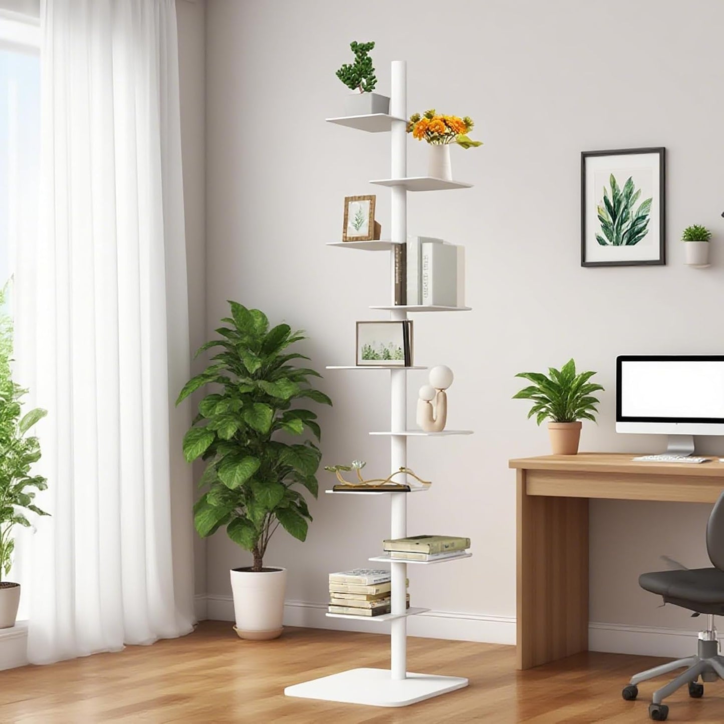 9-Tier Metal Rotating Spine Bookshelf, Ladder Bookcase, Adjustable Tall Narrow Vertical Book Tower for Small Spaces, Multipurpose Corner Storage Shelf for Living Room, Office, Bedroom