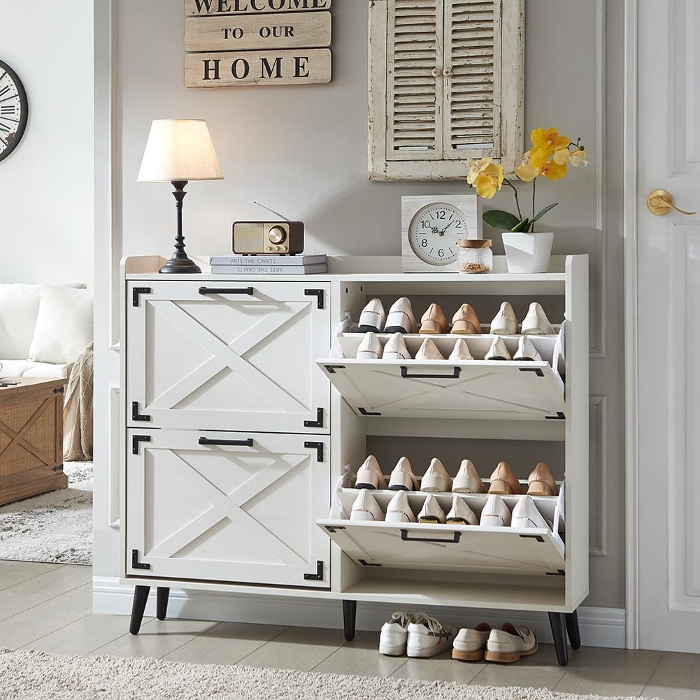 Shoe Storage Cabinet,Farmhouse Shoe Organizer with 2 Flip Drawers & Barn Door Design,Freestanding Hidden Slim Narrow Shoe Rack Cabinet for Entryway,Foyer,Hallway,Walnut