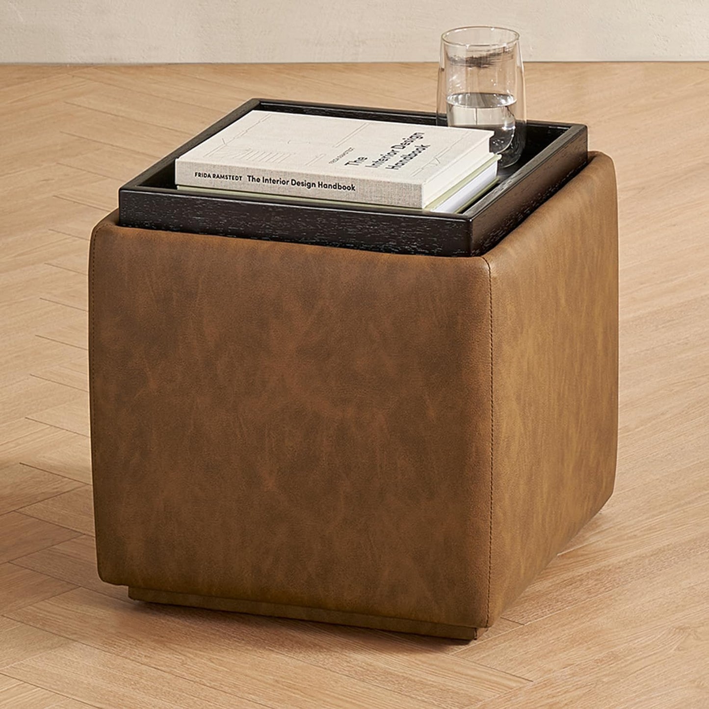 mopio Levi Storage Bench with Reversible Tray, Modern Storage Coffee Table, Bedroom Bench, Rectangular Cube Upholstered Coffee Table Ottoman for Living Room, Bedroom (Faux Leather, Pecan Brown)