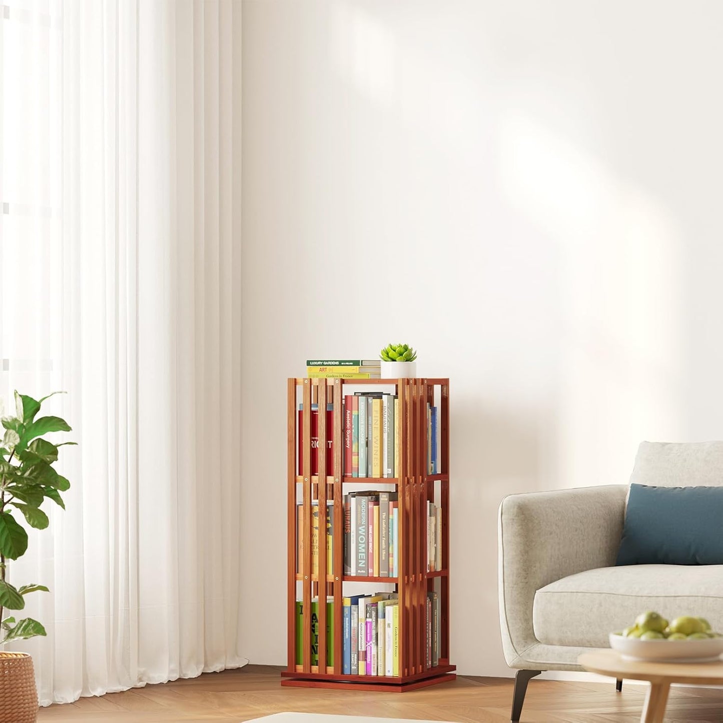 SpaceAid 6 Tier Rotating Bookshelf Tower, Bamboo Spinning Book Shelf, Revolving 360 Bookcase Storage Swivel Round Carousel, Vertical Rotate Turning Spiral Corner Organizer (6-Tier Walnut)