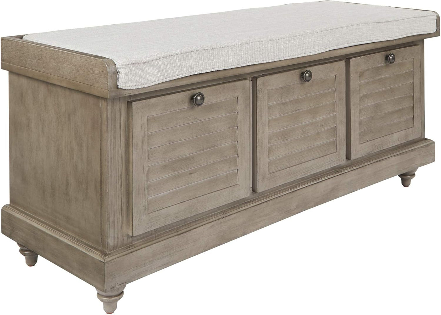 OSP Home Furnishings Dover Coastal Lift-Top Storage Bench with Shutter Face Styling, Distressed Brown Finish with Beige Linen Fabric Cushion